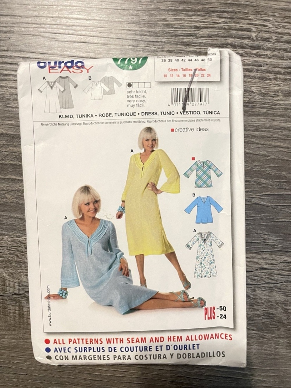 Burda Style 7797 Vtg Tunic Robe Dress Blouse Sewing Pattern Sizes 10-24 Uncut